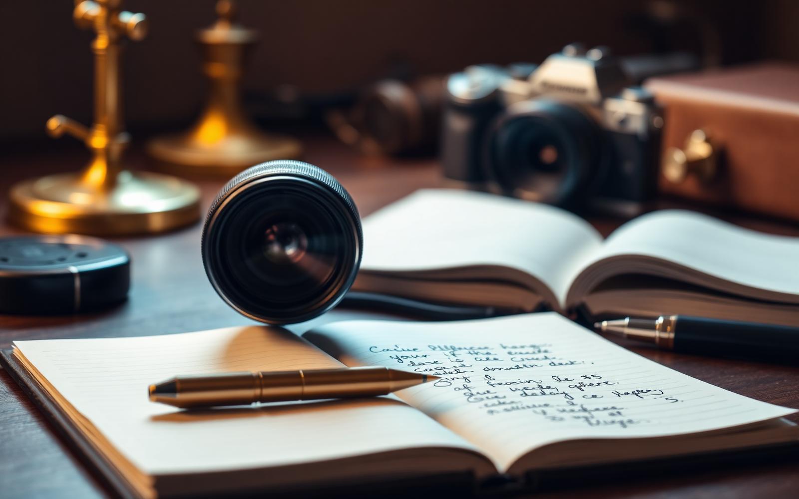 Outils du métier — caméra, carnet, plume